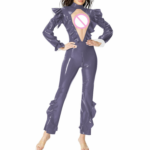 Sexy Women Ruffles Long Sleeve PVC Jumpsuit Wetlook Shiny Hollow Pant Bodysuit Female Club Tight Zipper Open Crotch Leotard