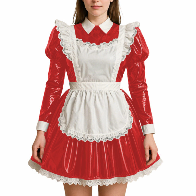 Crossdressing PVC Leather Maid Uniforms Sissy Role Playing Maid A-line Dress with Apron Halloween Party Makeup Ball Maid Outfits
