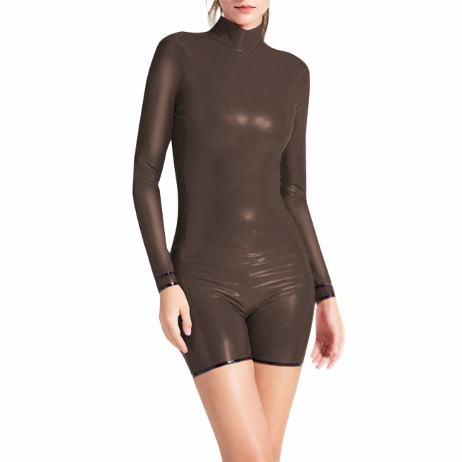 Womens Turtleneck Romper Back Zipper Vinyl PVC Leather Bodysuit Long Sleeves Cosplay Sexy Shorty Jumpsuit Female Shiny Partywear
