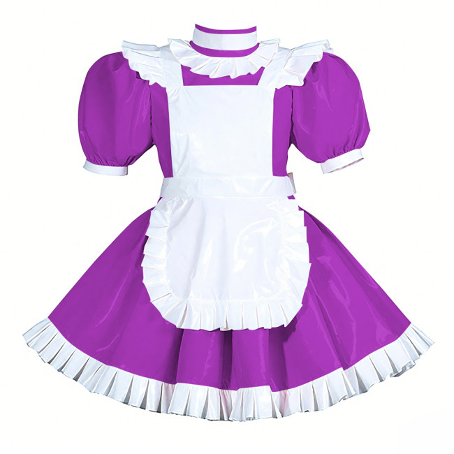 Lockable Halloween Maid Cosplay Uniform Shiny PVC Leather Puff Short Sleeve Maid Dress Outfit Ruffles Hem Lolita Maid Costume