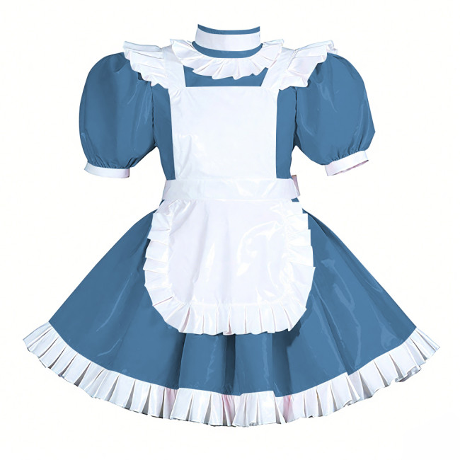 Lockable Halloween Maid Cosplay Uniform Shiny PVC Leather Puff Short Sleeve Maid Dress Outfit Ruffles Hem Lolita Maid Costume