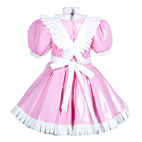 Lockable Halloween Maid Cosplay Uniform Shiny PVC Leather Puff Short Sleeve Maid Dress Outfit Ruffles Hem Lolita Maid Costume