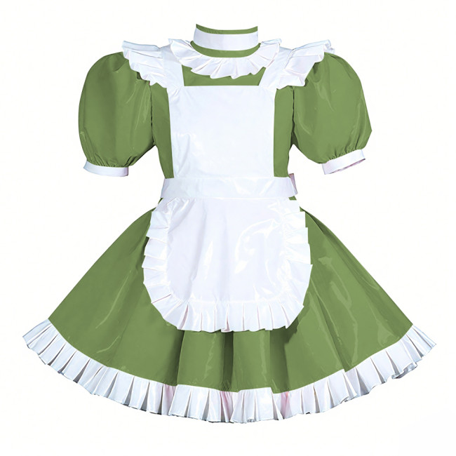 Lockable Halloween Maid Cosplay Uniform Shiny PVC Leather Puff Short Sleeve Maid Dress Outfit Ruffles Hem Lolita Maid Costume