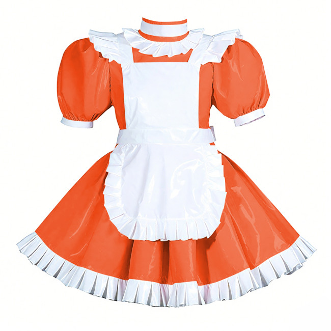 Lockable Halloween Maid Cosplay Uniform Shiny PVC Leather Puff Short Sleeve Maid Dress Outfit Ruffles Hem Lolita Maid Costume