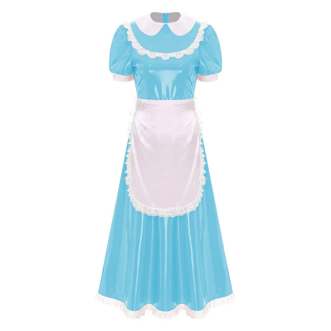 Sissy Wetlook French Maid Uniforms Halloween Theme Party Cosplay Costume Shiny PVC Leather Bubble Short Sleeve A-line Maxi Dress