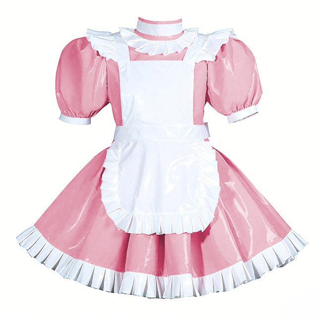 Lockable Halloween Maid Cosplay Uniform Shiny PVC Leather Puff Short Sleeve Maid Dress Outfit Ruffles Hem Lolita Maid Costume