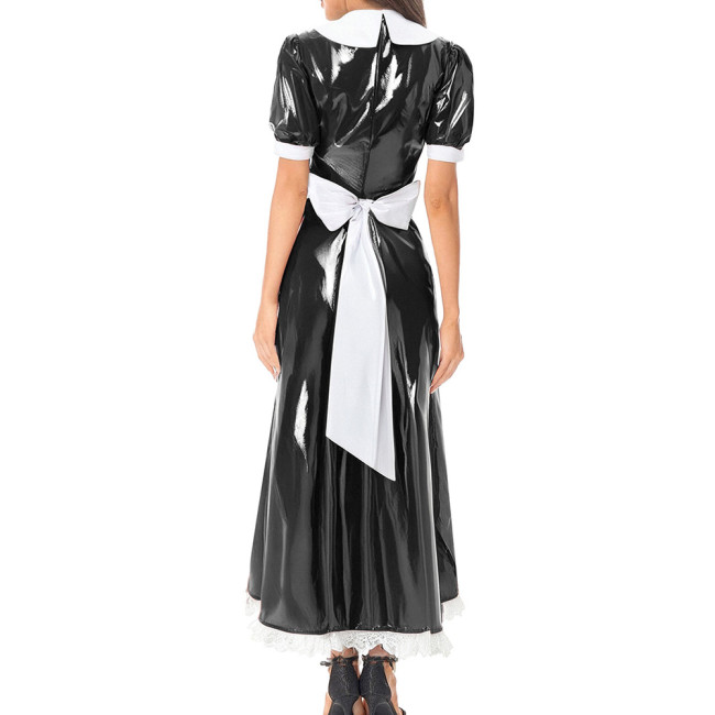 Sissy Wetlook French Maid Uniforms Halloween Theme Party Cosplay Costume Shiny PVC Leather Bubble Short Sleeve A-line Maxi Dress