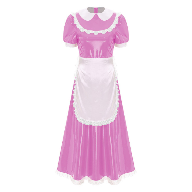 Sissy Wetlook French Maid Uniforms Halloween Theme Party Cosplay Costume Shiny PVC Leather Bubble Short Sleeve A-line Maxi Dress