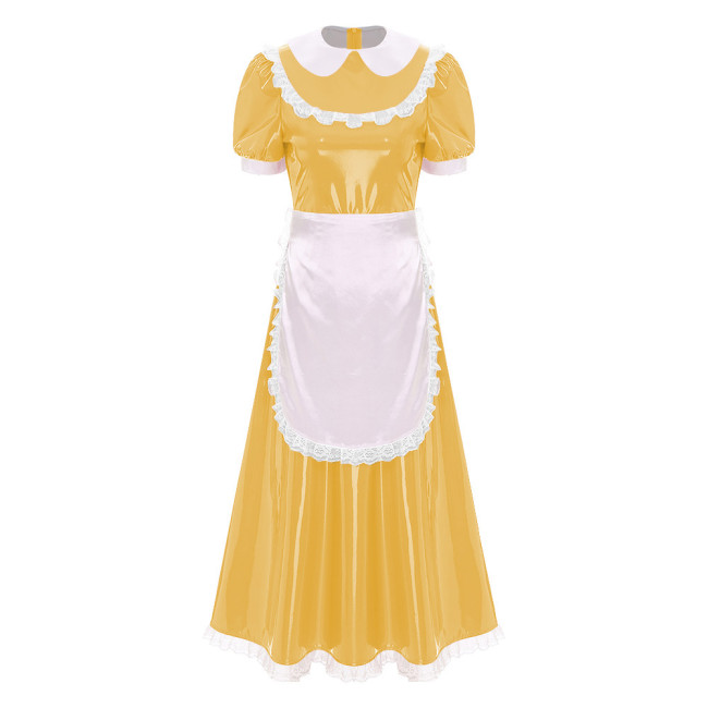 Sissy Wetlook French Maid Uniforms Halloween Theme Party Cosplay Costume Shiny PVC Leather Bubble Short Sleeve A-line Maxi Dress