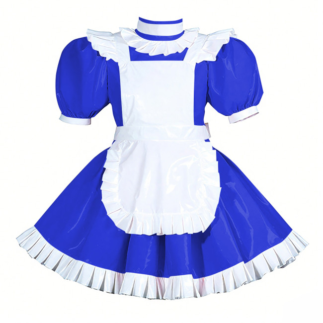 Lockable Halloween Maid Cosplay Uniform Shiny PVC Leather Puff Short Sleeve Maid Dress Outfit Ruffles Hem Lolita Maid Costume