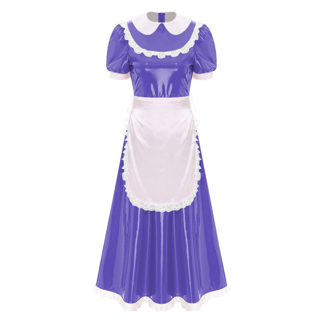 Sissy Wetlook French Maid Uniforms Halloween Theme Party Cosplay Costume Shiny PVC Leather Bubble Short Sleeve A-line Maxi Dress
