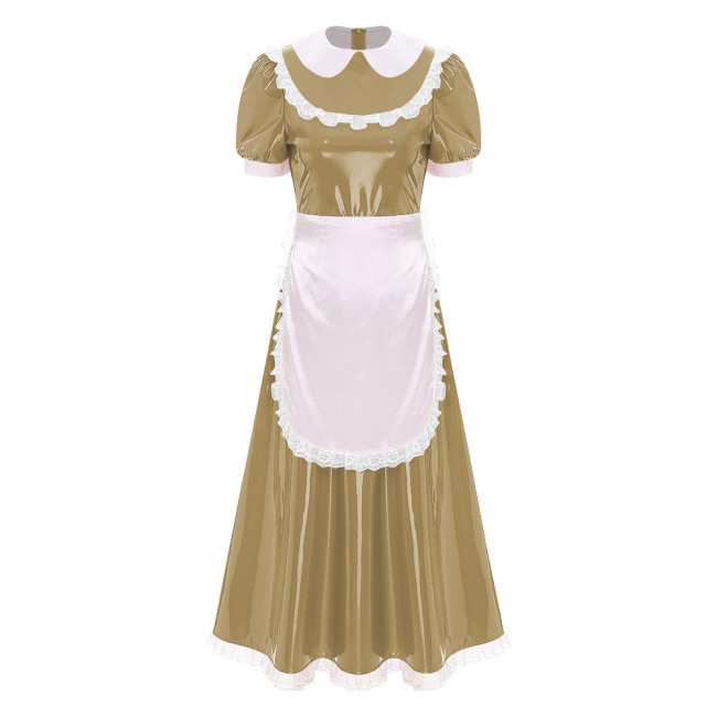 Sissy Wetlook French Maid Uniforms Halloween Theme Party Cosplay Costume Shiny PVC Leather Bubble Short Sleeve A-line Maxi Dress