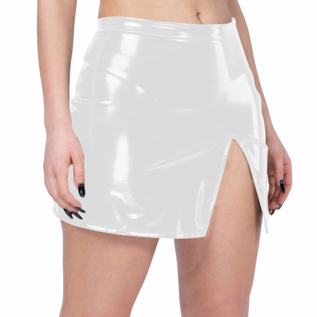 Punk Hotties Micro Mini Skirt PVC Patent Leather Bodycon Club Skirt Sexy Vinyl Split Tight Skirt for Party Night Club Streetwear
