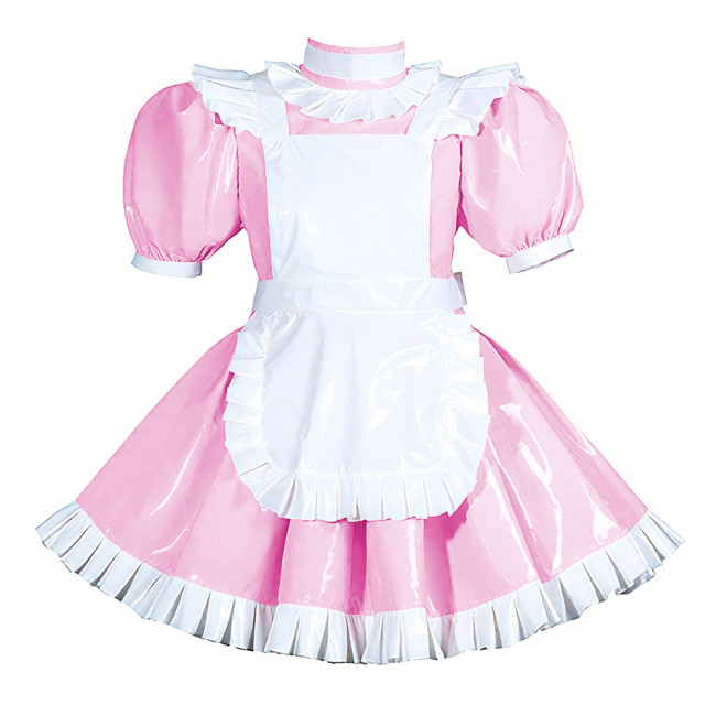 Lockable Halloween Maid Cosplay Uniform Shiny PVC Leather Puff Short Sleeve Maid Dress Outfit Ruffles Hem Lolita Maid Costume