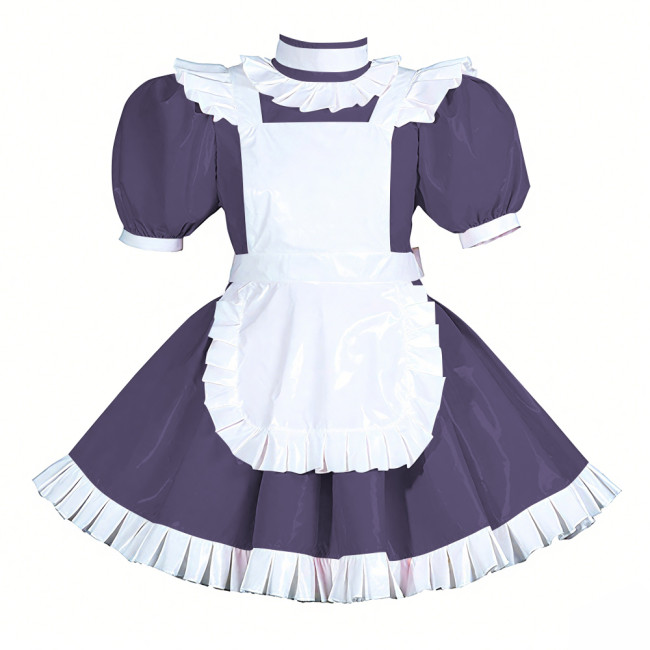Lockable Halloween Maid Cosplay Uniform Shiny PVC Leather Puff Short Sleeve Maid Dress Outfit Ruffles Hem Lolita Maid Costume