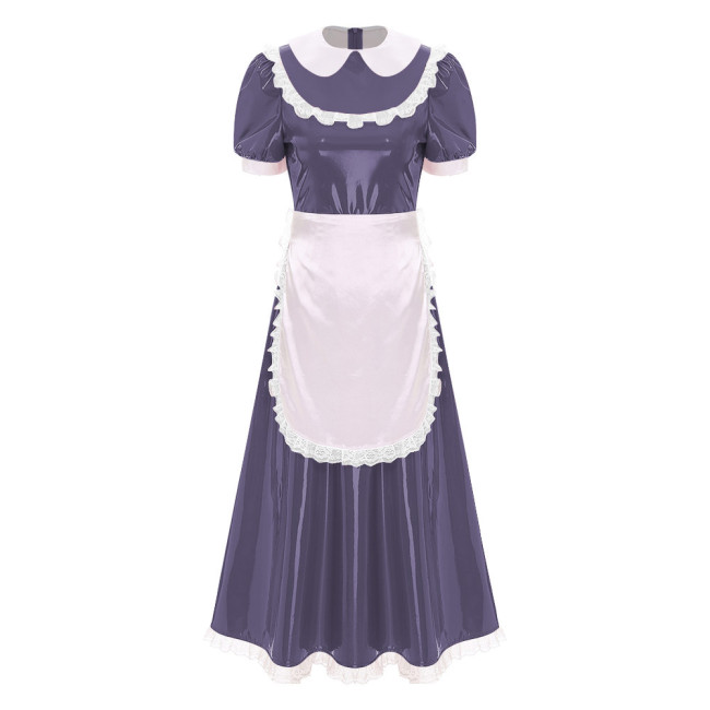 Sissy Wetlook French Maid Uniforms Halloween Theme Party Cosplay Costume Shiny PVC Leather Bubble Short Sleeve A-line Maxi Dress