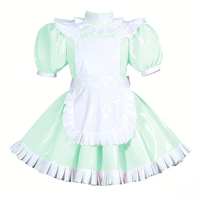 Lockable Halloween Maid Cosplay Uniform Shiny PVC Leather Puff Short Sleeve Maid Dress Outfit Ruffles Hem Lolita Maid Costume