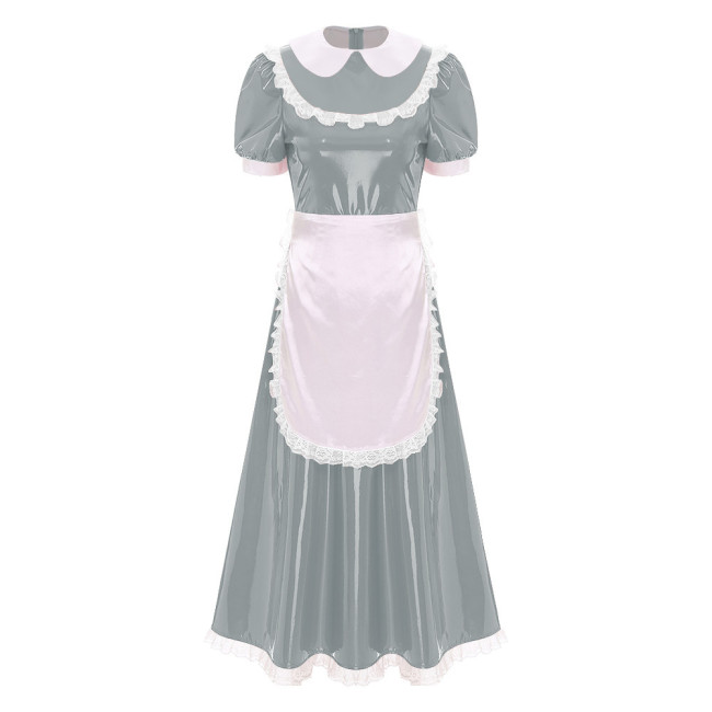 Sissy Wetlook French Maid Uniforms Halloween Theme Party Cosplay Costume Shiny PVC Leather Bubble Short Sleeve A-line Maxi Dress