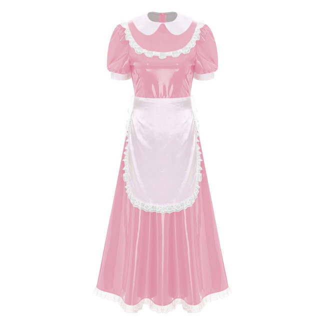 Sissy Wetlook French Maid Uniforms Halloween Theme Party Cosplay Costume Shiny PVC Leather Bubble Short Sleeve A-line Maxi Dress