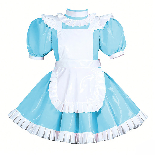 Lockable Halloween Maid Cosplay Uniform Shiny PVC Leather Puff Short Sleeve Maid Dress Outfit Ruffles Hem Lolita Maid Costume