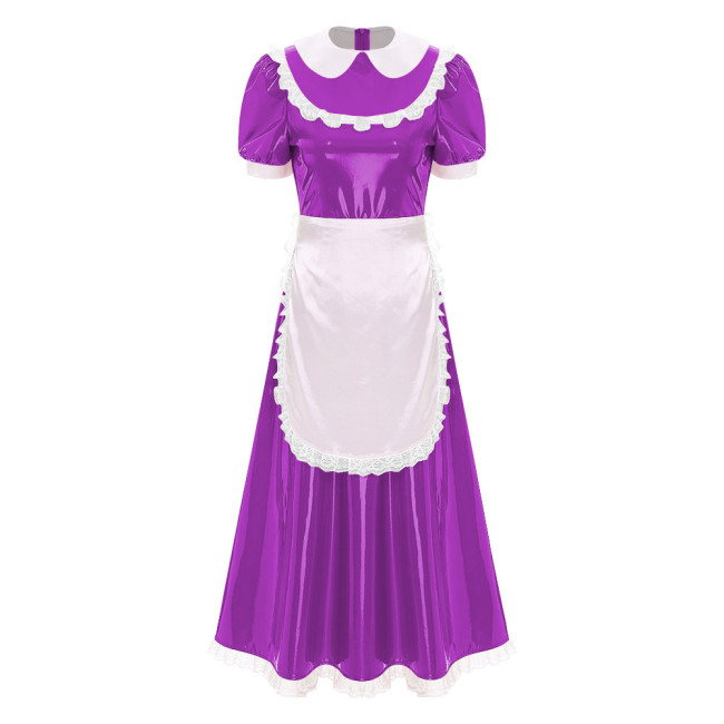 Sissy Wetlook French Maid Uniforms Halloween Theme Party Cosplay Costume Shiny PVC Leather Bubble Short Sleeve A-line Maxi Dress