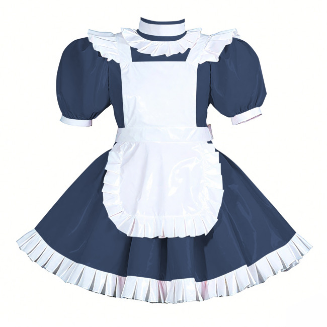 Lockable Halloween Maid Cosplay Uniform Shiny PVC Leather Puff Short Sleeve Maid Dress Outfit Ruffles Hem Lolita Maid Costume
