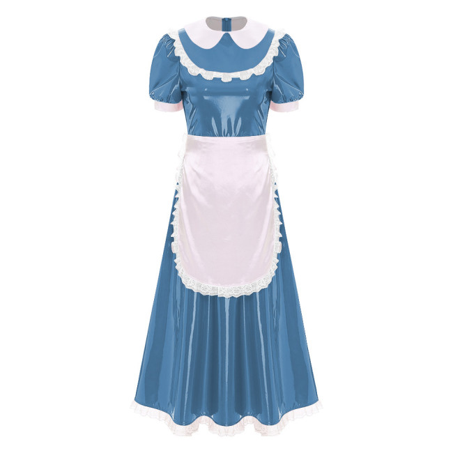 Sissy Wetlook French Maid Uniforms Halloween Theme Party Cosplay Costume Shiny PVC Leather Bubble Short Sleeve A-line Maxi Dress