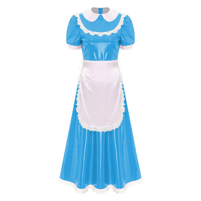 Sissy Wetlook French Maid Uniforms Halloween Theme Party Cosplay Costume Shiny PVC Leather Bubble Short Sleeve A-line Maxi Dress