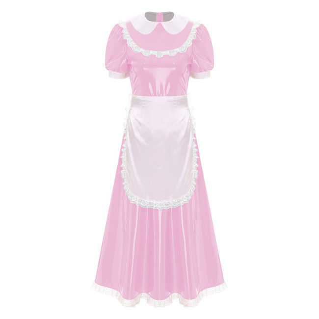 Sissy Wetlook French Maid Uniforms Halloween Theme Party Cosplay Costume Shiny PVC Leather Bubble Short Sleeve A-line Maxi Dress