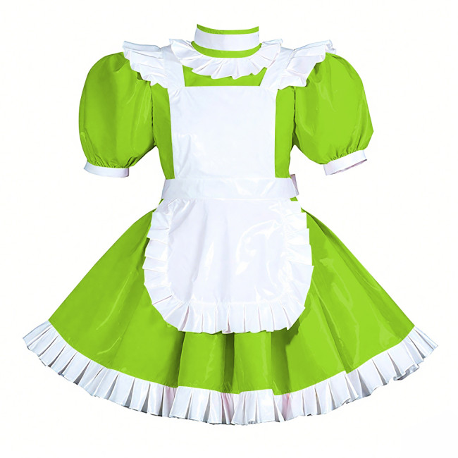 Lockable Halloween Maid Cosplay Uniform Shiny PVC Leather Puff Short Sleeve Maid Dress Outfit Ruffles Hem Lolita Maid Costume