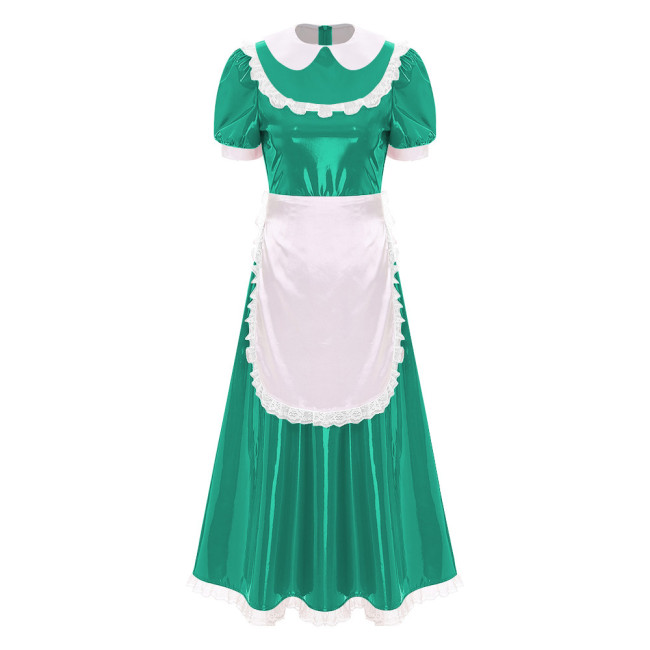 Sissy Wetlook French Maid Uniforms Halloween Theme Party Cosplay Costume Shiny PVC Leather Bubble Short Sleeve A-line Maxi Dress