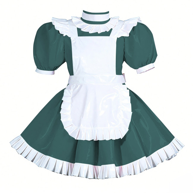 Lockable Halloween Maid Cosplay Uniform Shiny PVC Leather Puff Short Sleeve Maid Dress Outfit Ruffles Hem Lolita Maid Costume