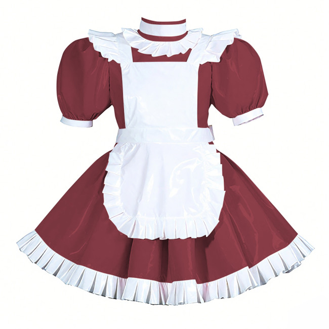 Lockable Halloween Maid Cosplay Uniform Shiny PVC Leather Puff Short Sleeve Maid Dress Outfit Ruffles Hem Lolita Maid Costume