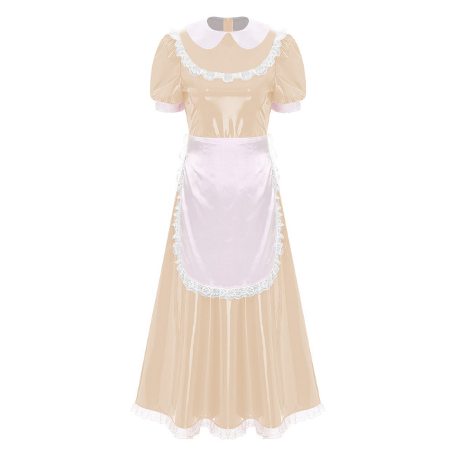Sissy Wetlook French Maid Uniforms Halloween Theme Party Cosplay Costume Shiny PVC Leather Bubble Short Sleeve A-line Maxi Dress