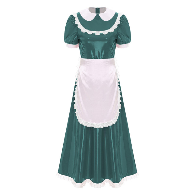Sissy Wetlook French Maid Uniforms Halloween Theme Party Cosplay Costume Shiny PVC Leather Bubble Short Sleeve A-line Maxi Dress