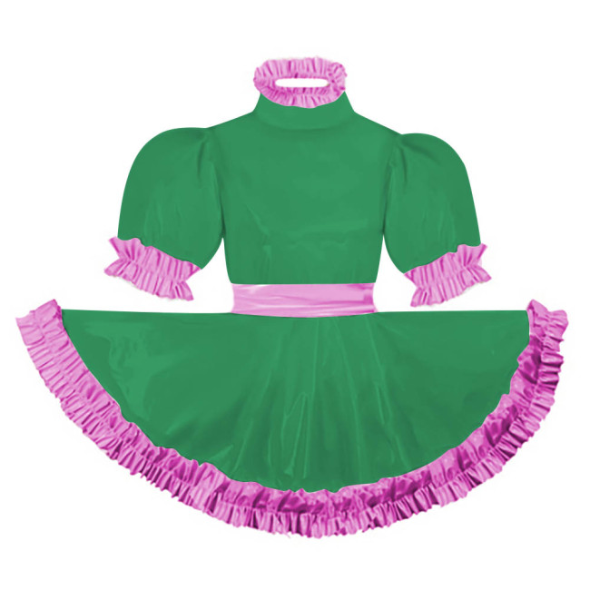 Adult Puff Short Sleeves Lolita Mini Dress Pink Ruffles Turtleneck Dress with Belt Crossdresser Party A-line Pleated Maid Dress