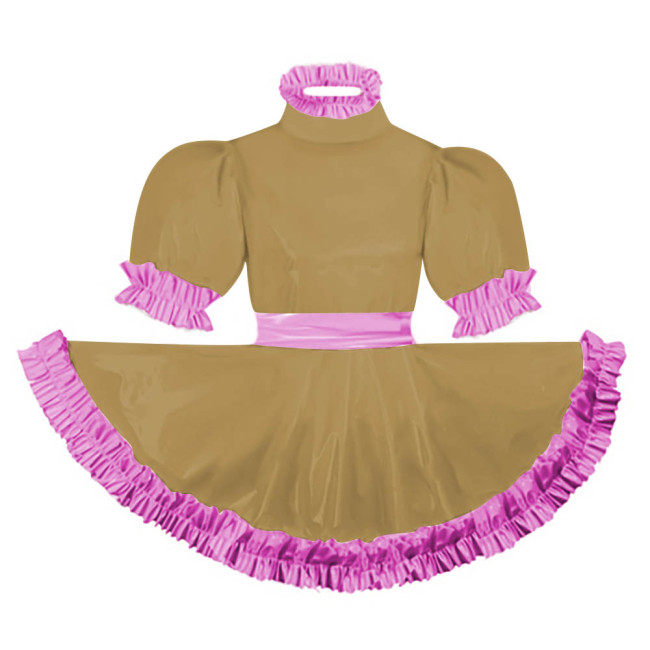 Adult Puff Short Sleeves Lolita Mini Dress Pink Ruffles Turtleneck Dress with Belt Crossdresser Party A-line Pleated Maid Dress
