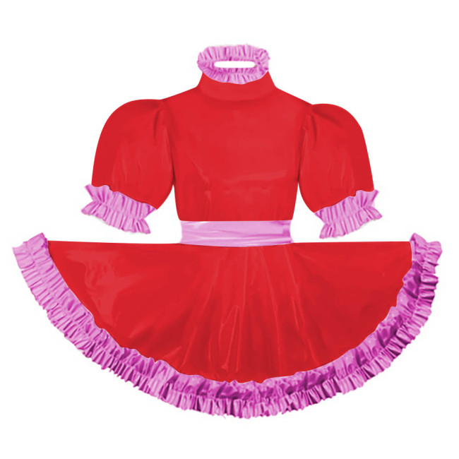 Adult Puff Short Sleeves Lolita Mini Dress Pink Ruffles Turtleneck Dress with Belt Crossdresser Party A-line Pleated Maid Dress