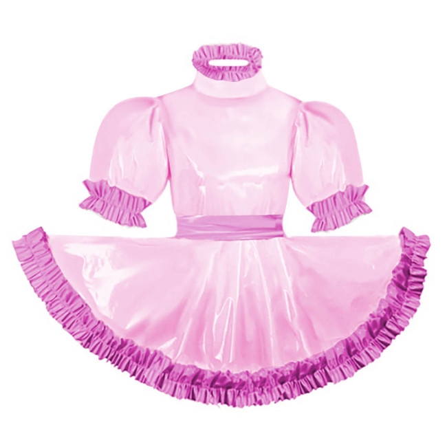 Adult Puff Short Sleeves Lolita Mini Dress Pink Ruffles Turtleneck Dress with Belt Crossdresser Party A-line Pleated Maid Dress