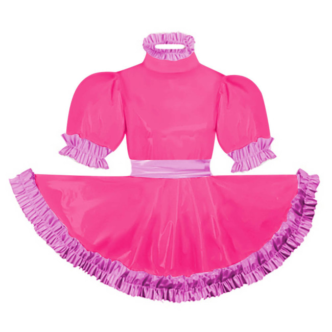 Adult Puff Short Sleeves Lolita Mini Dress Pink Ruffles Turtleneck Dress with Belt Crossdresser Party A-line Pleated Maid Dress
