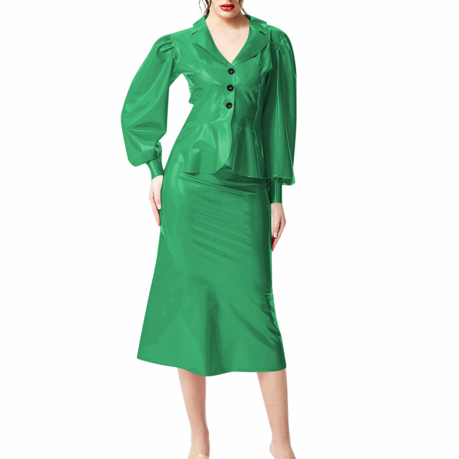 Plus Size Wet Look PVC Leather Dress Suit Puff Long Sleeves Slim Top with Knee-length Skirts Outfits Party Clubwear Streetwear