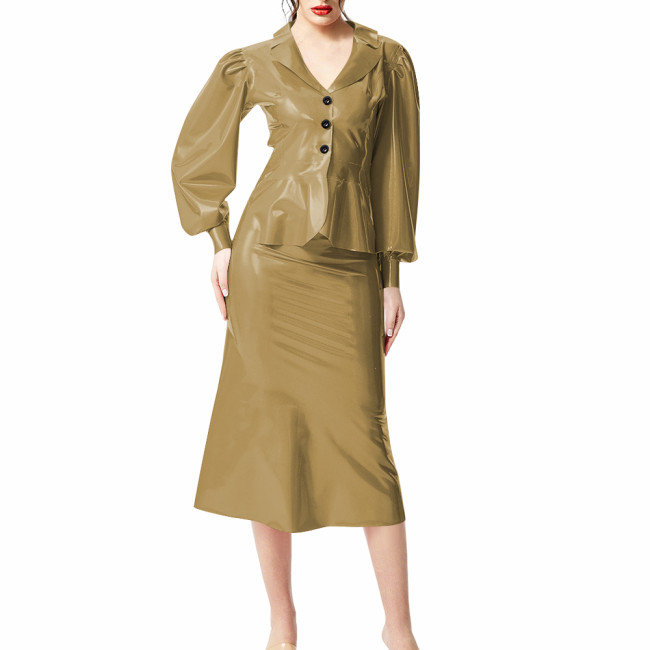 Plus Size Wet Look PVC Leather Dress Suit Puff Long Sleeves Slim Top with Knee-length Skirts Outfits Party Clubwear Streetwear