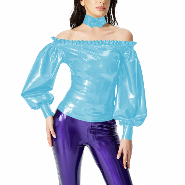 Fashion PVC Patent Leather Women Tops Sexy Ruffles Off Shoulder Top with Bow Collar Ladies Zipper Back Lantern Sleeve Blouses
