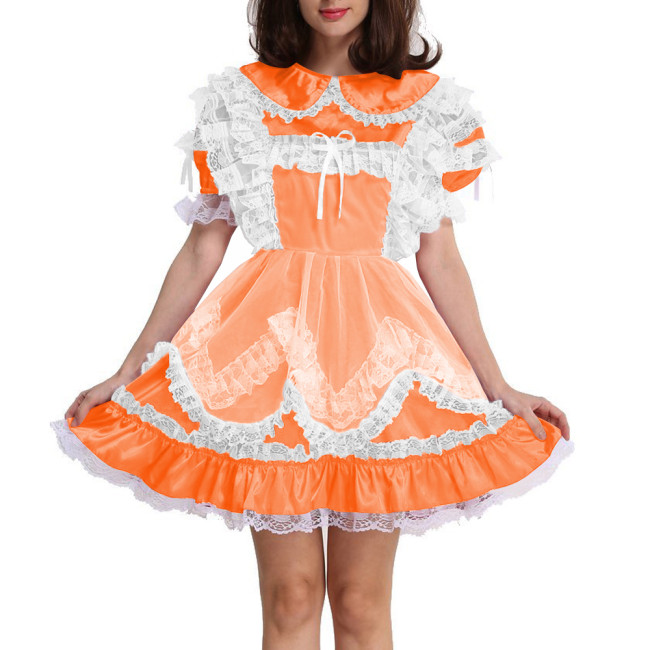 Lolita Sissy Maid Lockable Satin Mini Dress Party Cute Peter Pan Collar Maid Outfits Puff Short Sleeves A-line Pleated Dresses