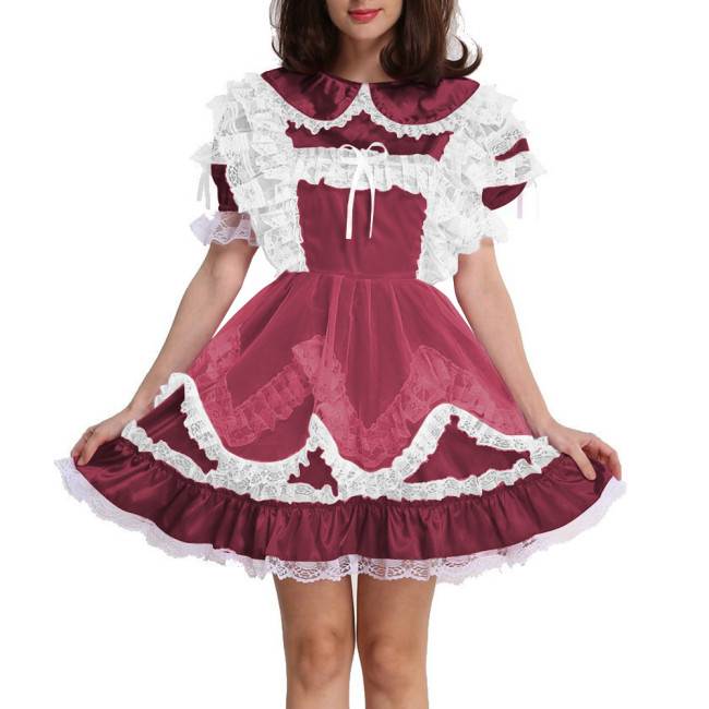 Lolita Sissy Maid Lockable Satin Mini Dress Party Cute Peter Pan Collar Maid Outfits Puff Short Sleeves A-line Pleated Dresses