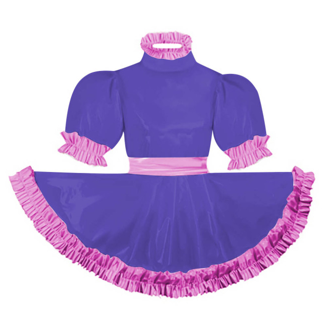 Adult Puff Short Sleeves Lolita Mini Dress Pink Ruffles Turtleneck Dress with Belt Crossdresser Party A-line Pleated Maid Dress