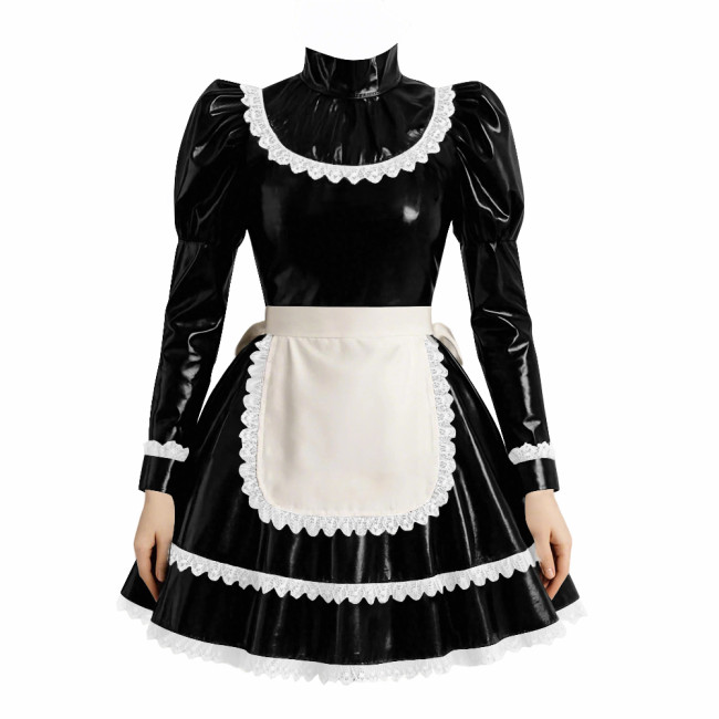 Cross-dresser Cosplay Maid Prom Dress with Apron Puff Long Sleeve Halloween Lolita Evening Dress Ruffles Lace Trim Maid Uniform
