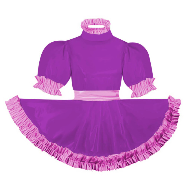 Adult Puff Short Sleeves Lolita Mini Dress Pink Ruffles Turtleneck Dress with Belt Crossdresser Party A-line Pleated Maid Dress