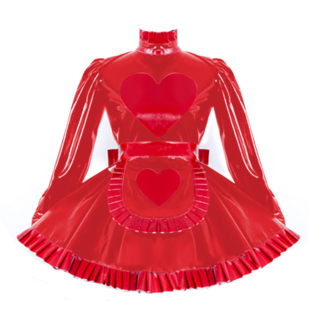 Lolita Pleated Maid Cosplay Dress Outfit Lockable Cross Dressing Maid Uniforms Cute Long Sleeve Dress with Heart Apron Halloween