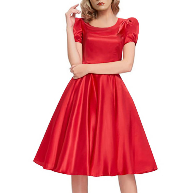 Elegant Slim Satin Dress High Waist O-Neck Short Sleeve Midi Dress Evening Party Solid Color Swing Dress Casual Outfit for Women